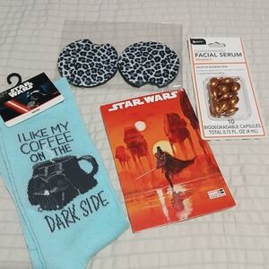 BUNDLE AS SHOWN Adult Star Wars Socks/Postcard Car Coasters Face Serum